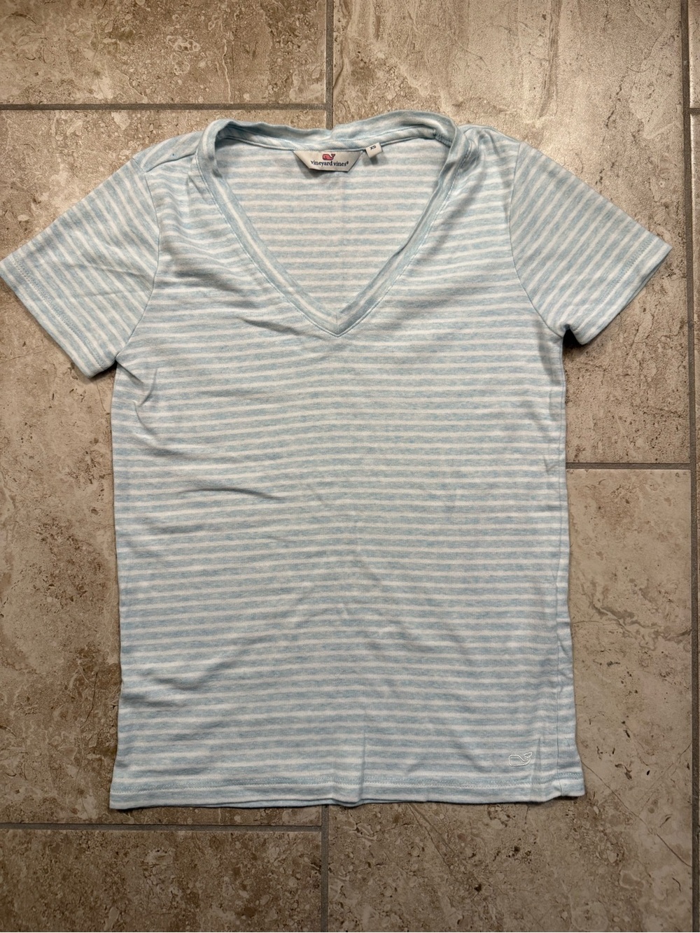 Vineyard Vines Light Blue & White Striped V-Neck summer spring whale Tee